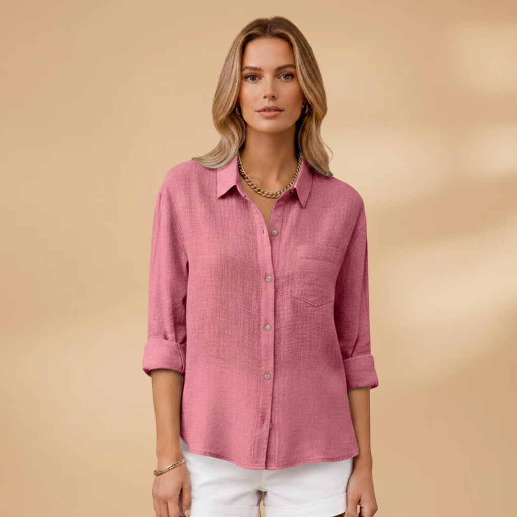 Short buttoned tunic for women — fitted solid top without pockets — Pink