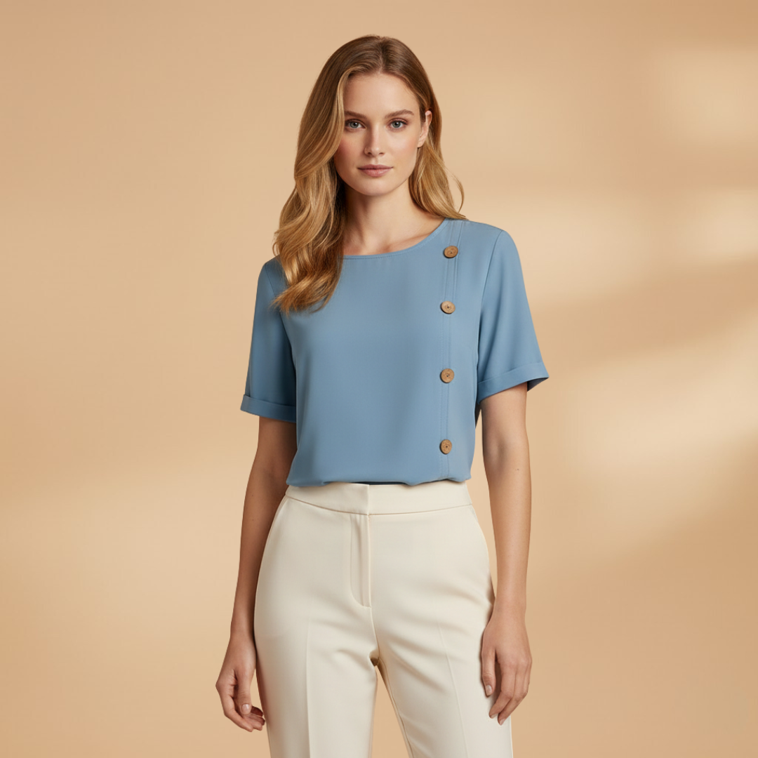 Loose summer top for women — tunic with decorative buttons | vacation — Blue