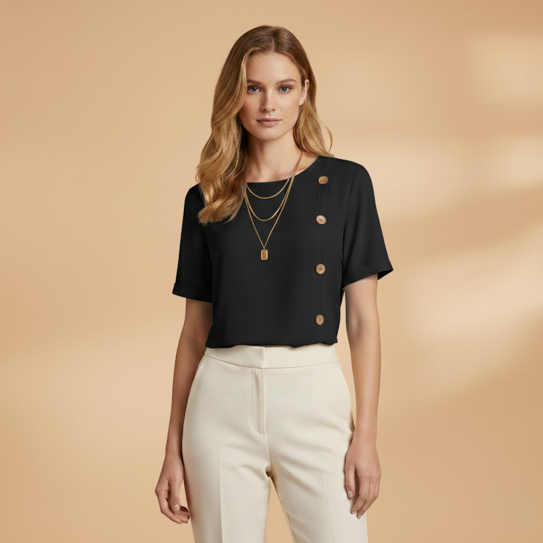Loose summer top for women — tunic with decorative buttons | vacation — Black