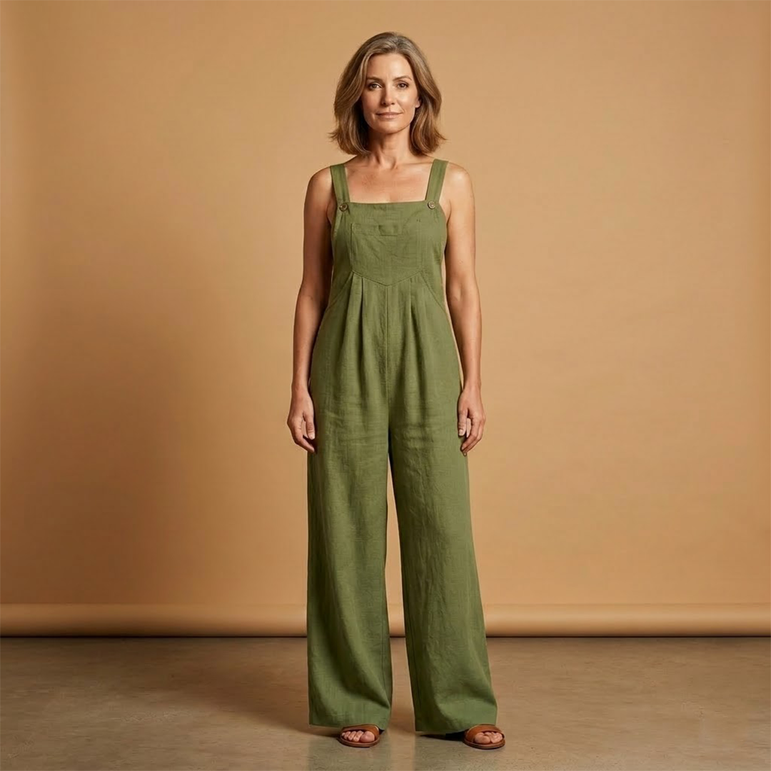 Summer jumpsuit for women - loose outfit with side pockets | vacation — Olive Green