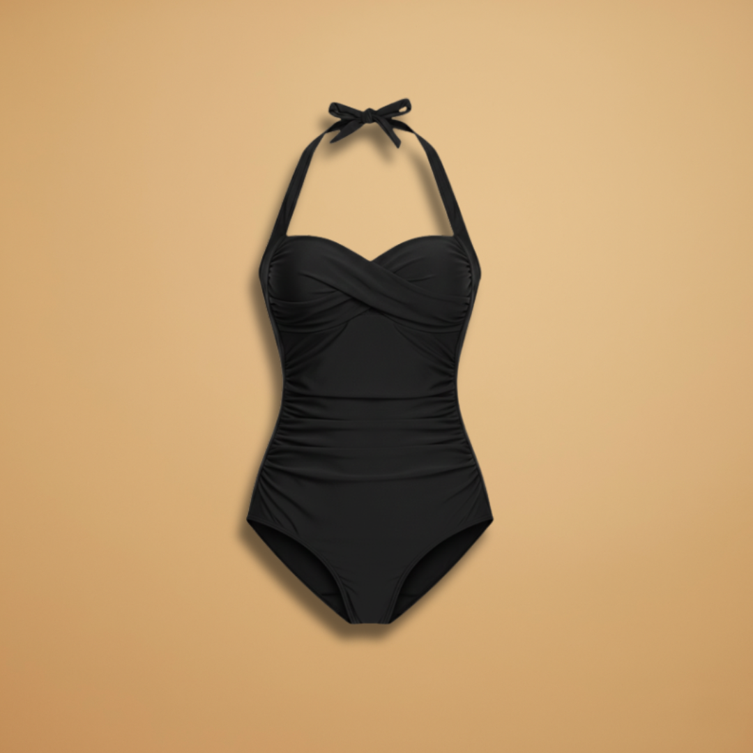Women's swimsuit - pleated swimsuit with adjustable cord | pool — Black