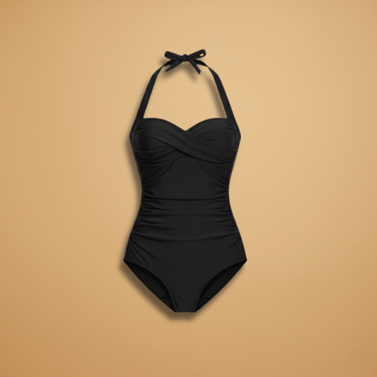 Women's swimsuit - pleated swimsuit with adjustable cord | pool — Black
