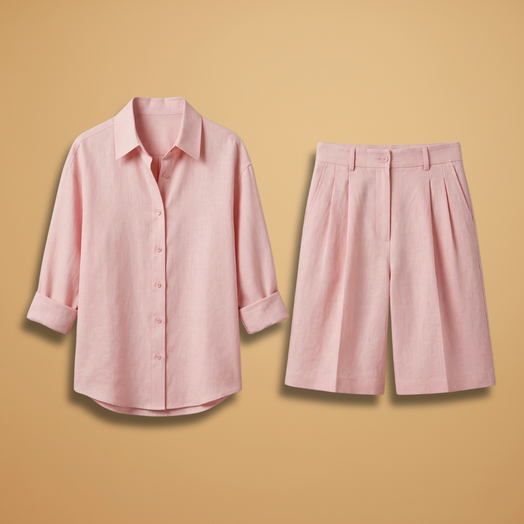 Women's shirt and short pants set - pleated outfit with pockets — Pink