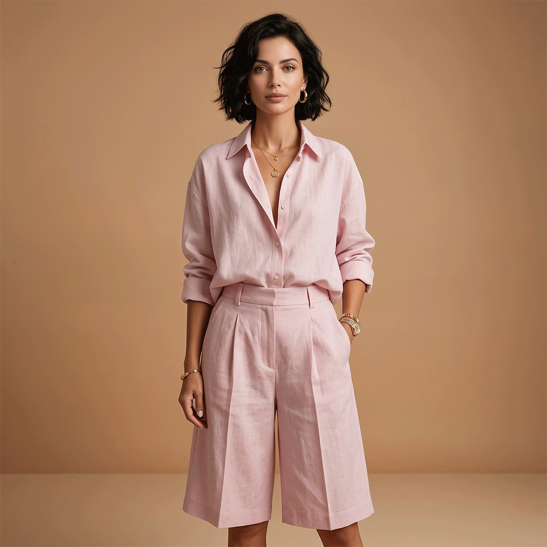 Women's shirt and short pants set - pleated outfit with pockets — Pink