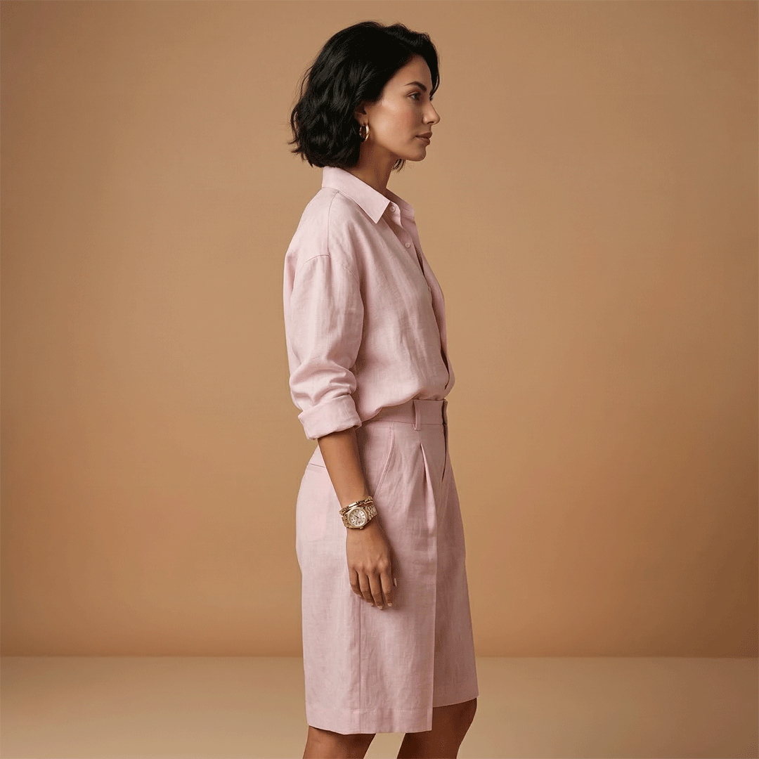 Women's shirt and short pants set - pleated outfit with pockets — product view