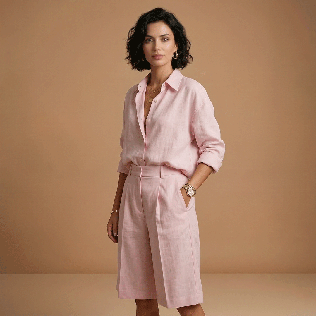 Women's shirt and short pants set - pleated outfit with pockets — product view