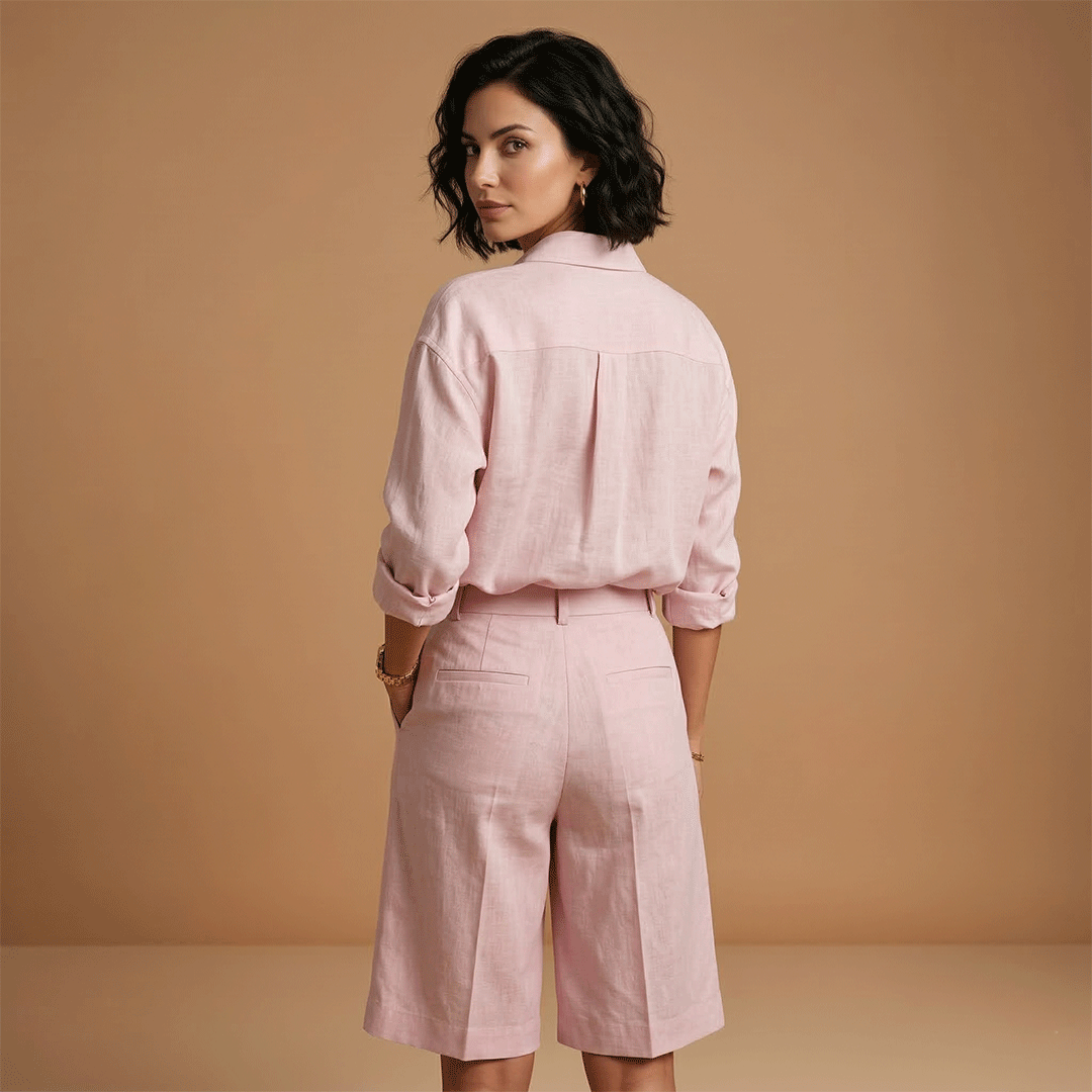 Women's shirt and short pants set - pleated outfit with pockets — product view