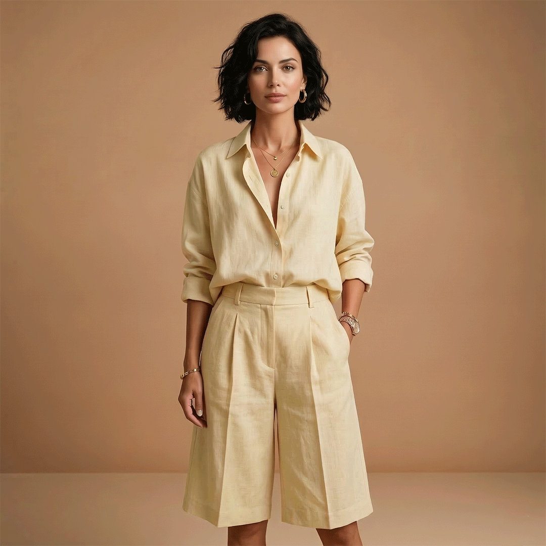 Women's shirt and short pants set - pleated outfit with pockets — Yellow