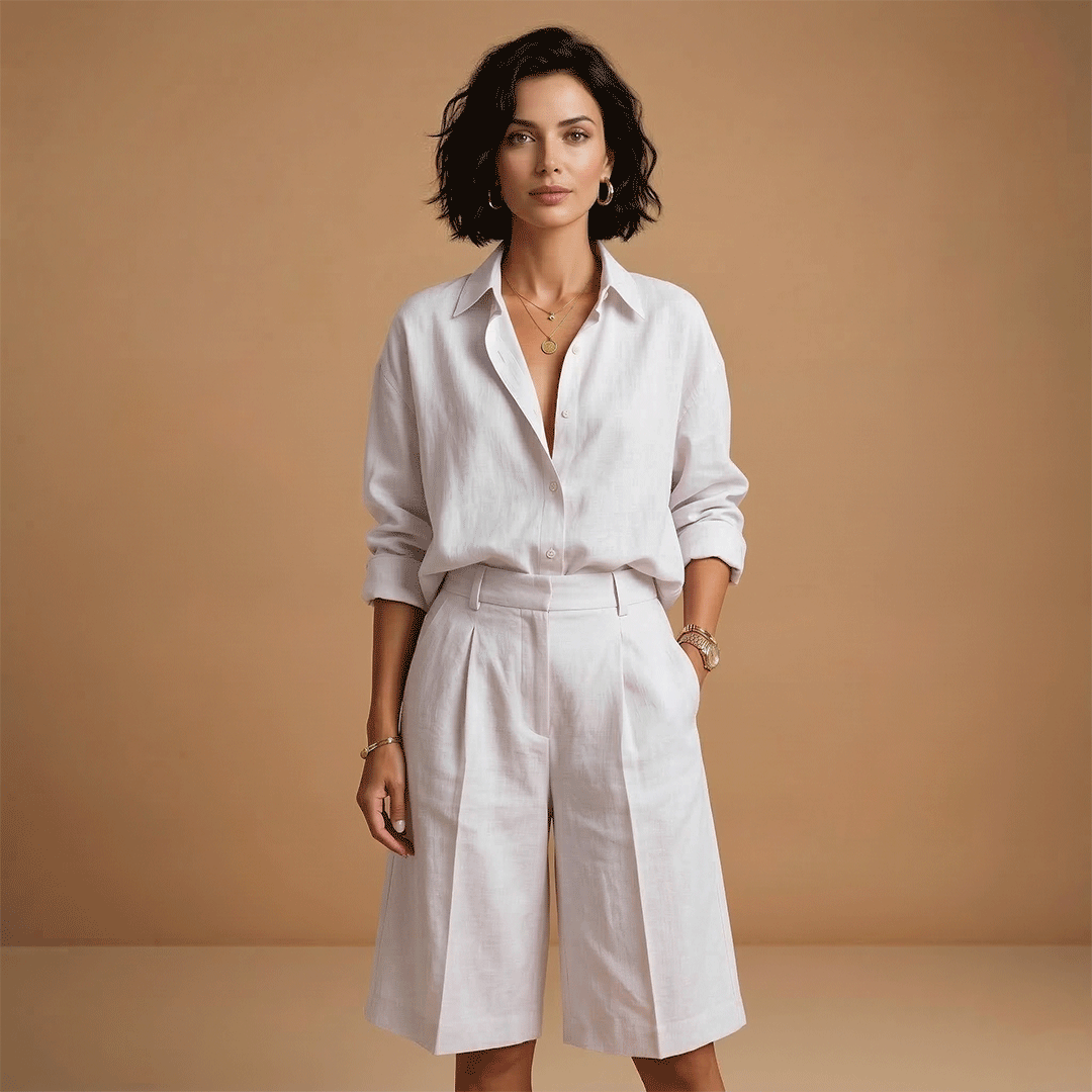 Women's shirt and short pants set - pleated outfit with pockets — White