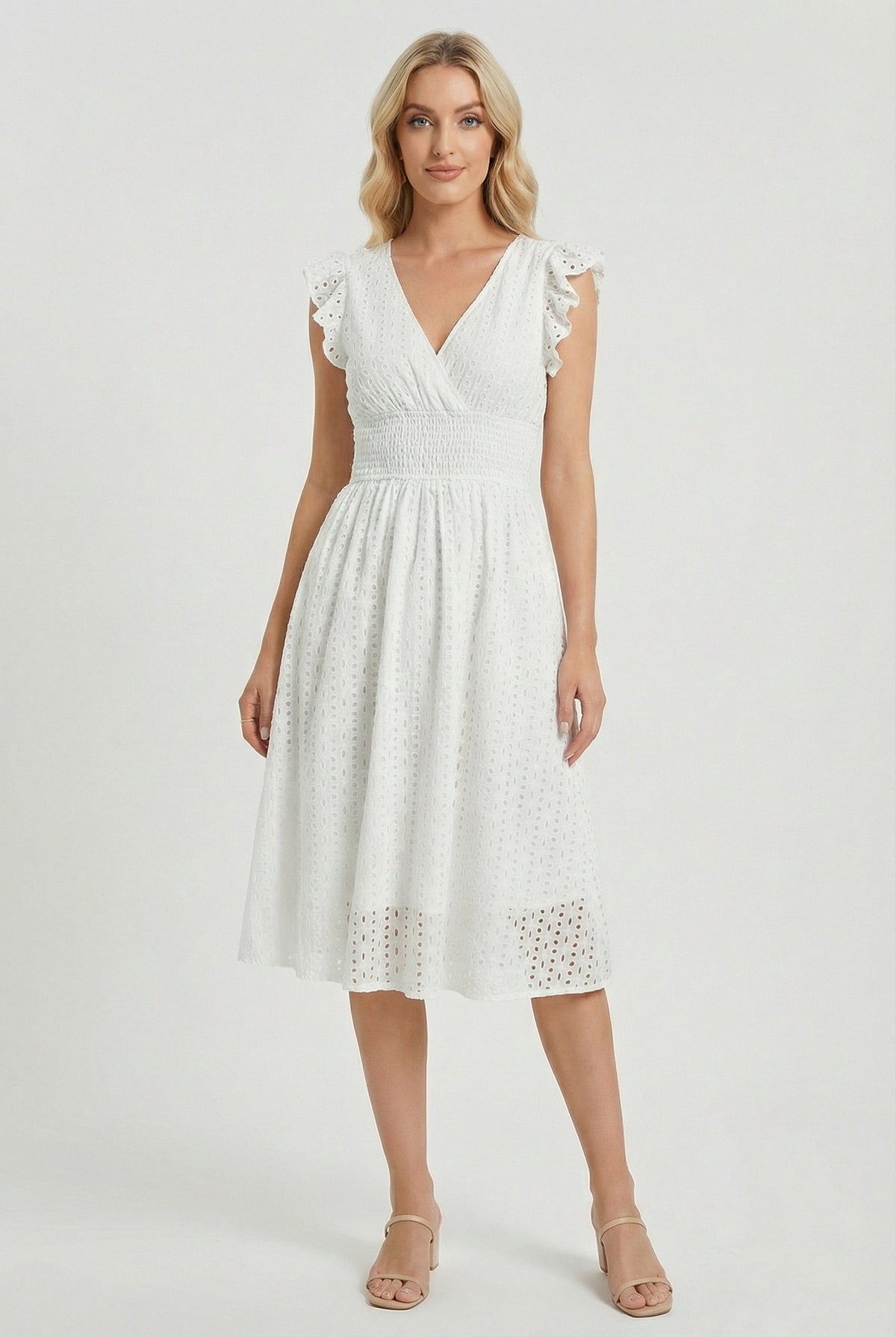 Women's Openwork Trapeze Midi Dress with Smocked Waist — White
