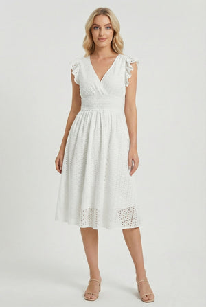 Women's Openwork Trapeze Midi Dress with Smocked Waist — White