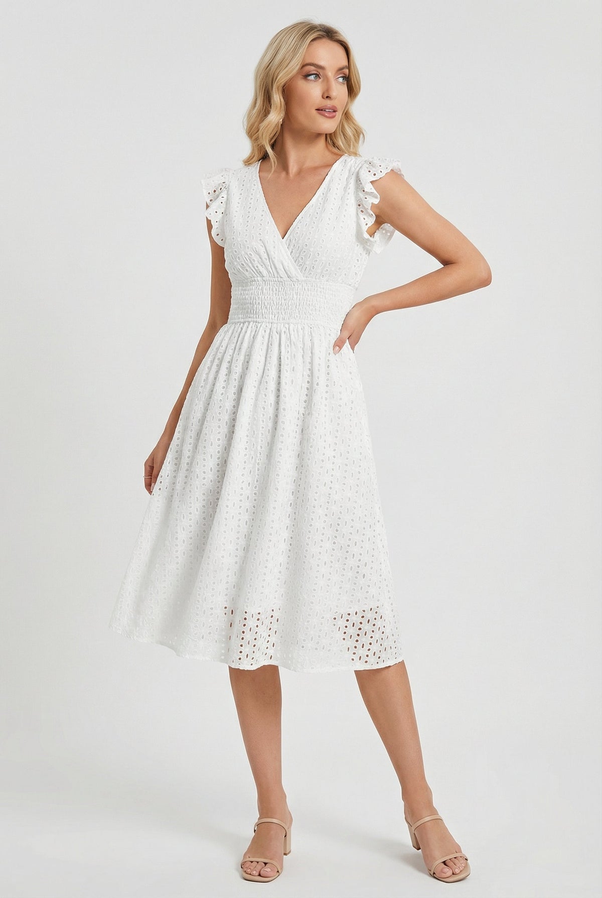 Women's Openwork Trapeze Midi Dress with Smocked Waist — product view