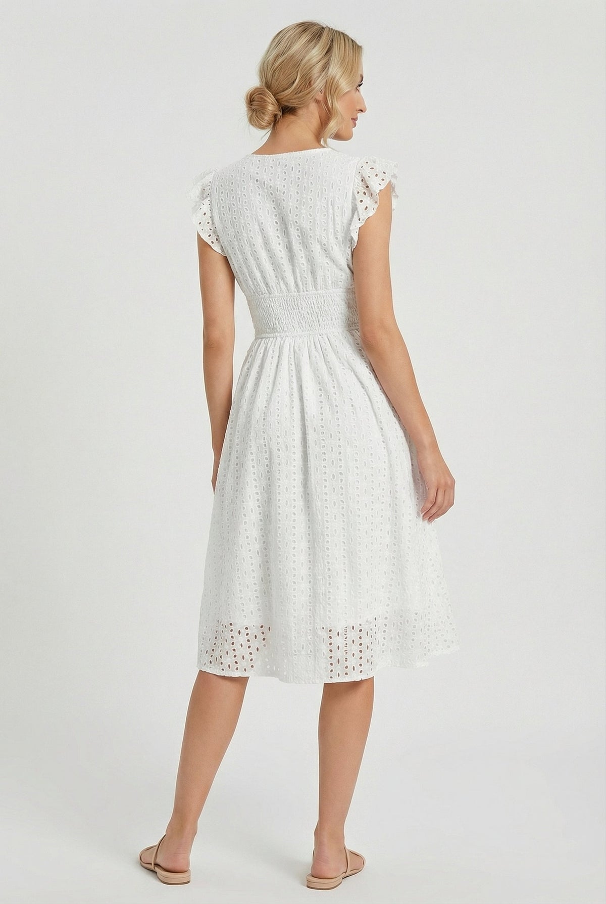 Women's Openwork Trapeze Midi Dress with Smocked Waist — product view