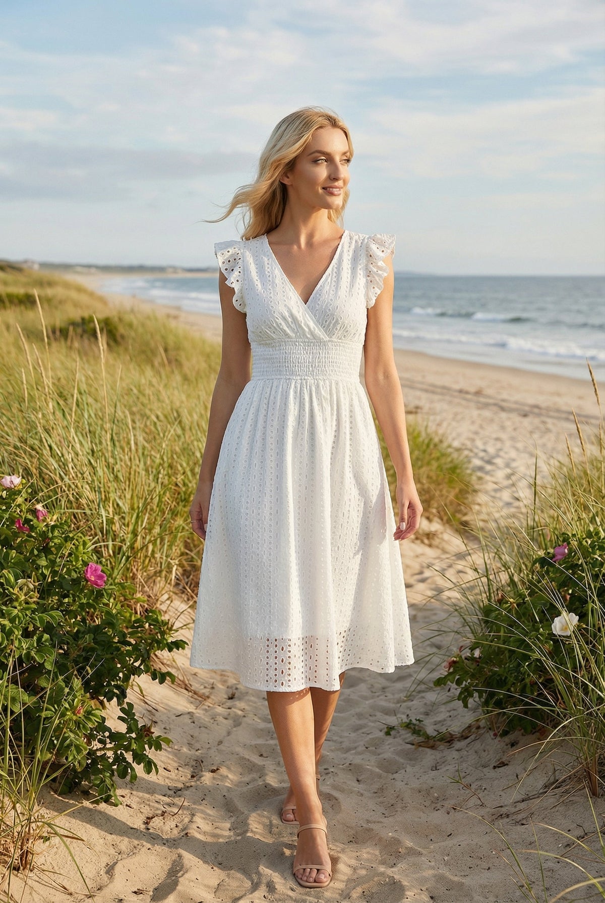 Women's Openwork Trapeze Midi Dress with Smocked Waist — product view