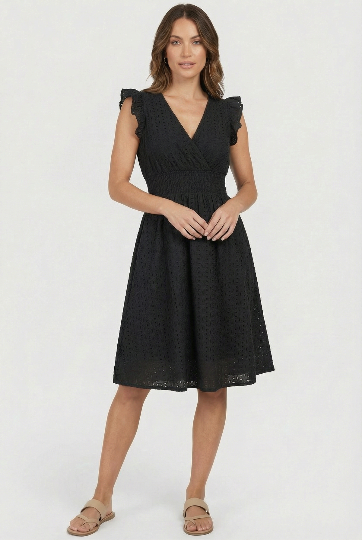 Women's Openwork Trapeze Midi Dress with Smocked Waist — Black