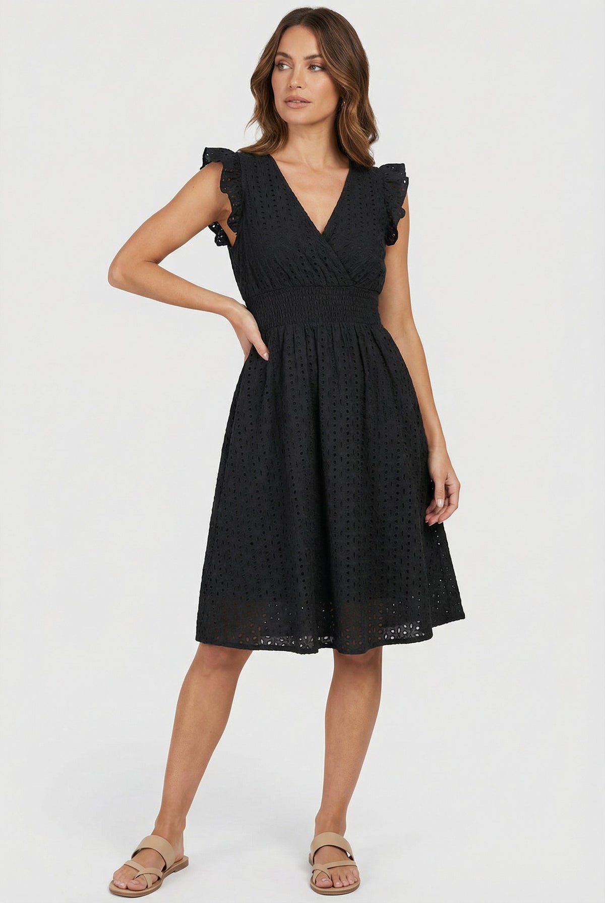 Women's Openwork Trapeze Midi Dress with Smocked Waist — product view