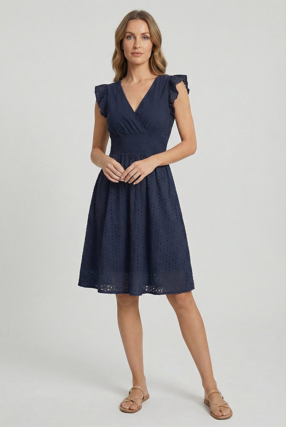 Women's Openwork Trapeze Midi Dress with Smocked Waist — Navy