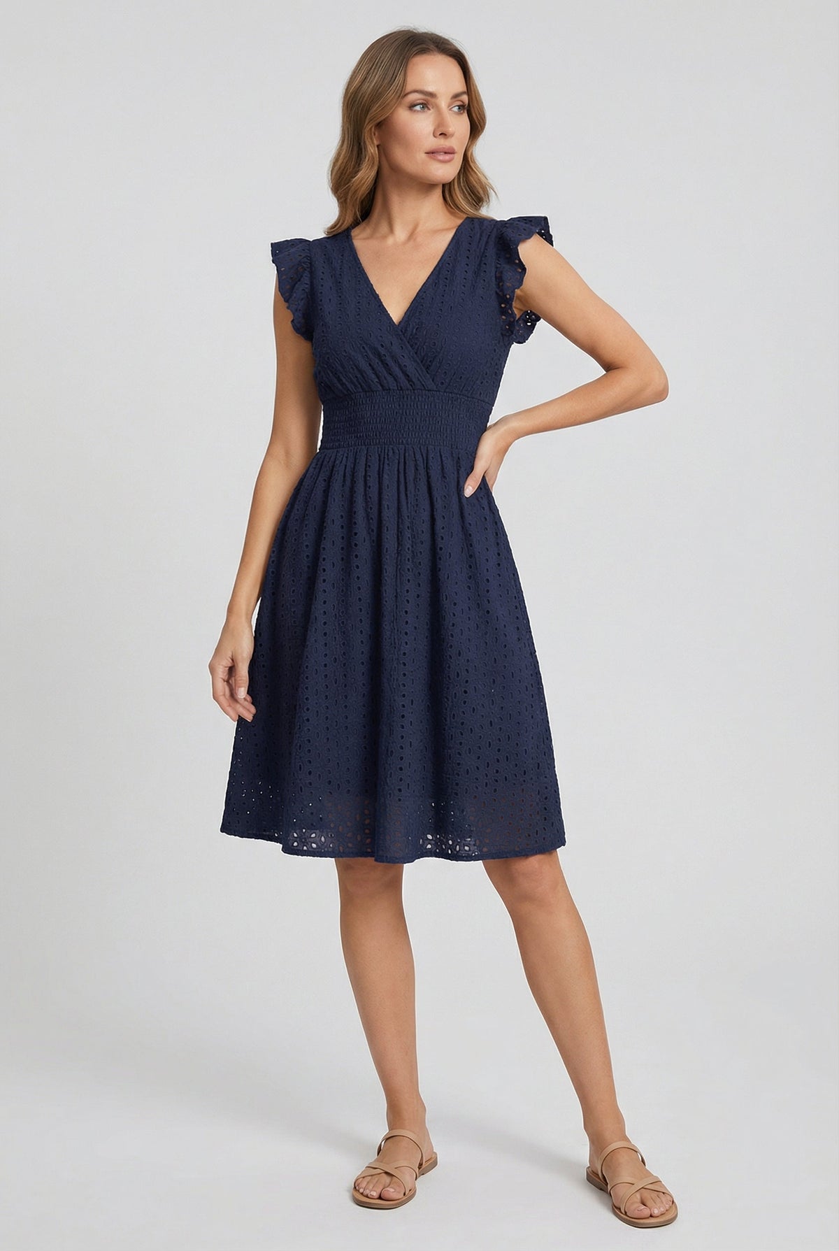 Women's Openwork Trapeze Midi Dress with Smocked Waist — product view