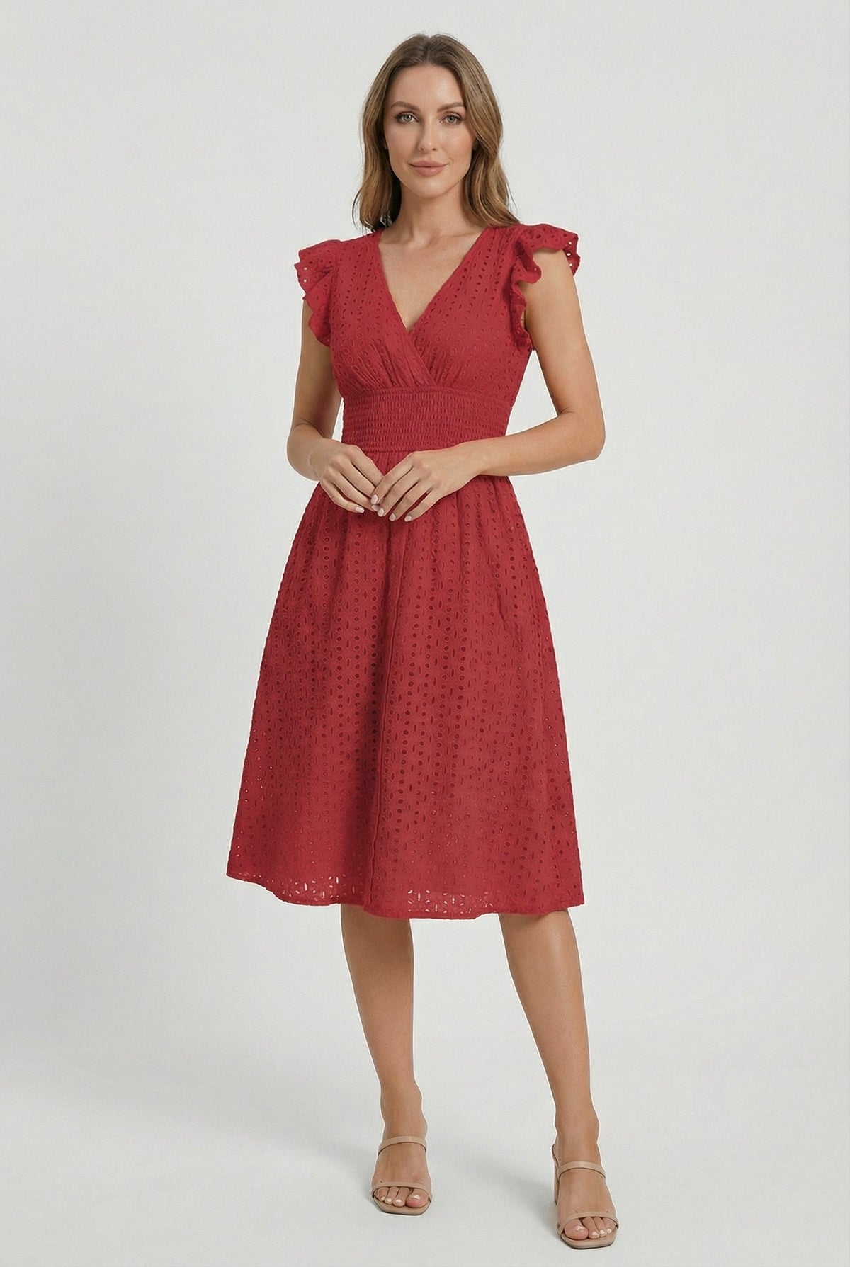 Women's Openwork Trapeze Midi Dress with Smocked Waist — Red