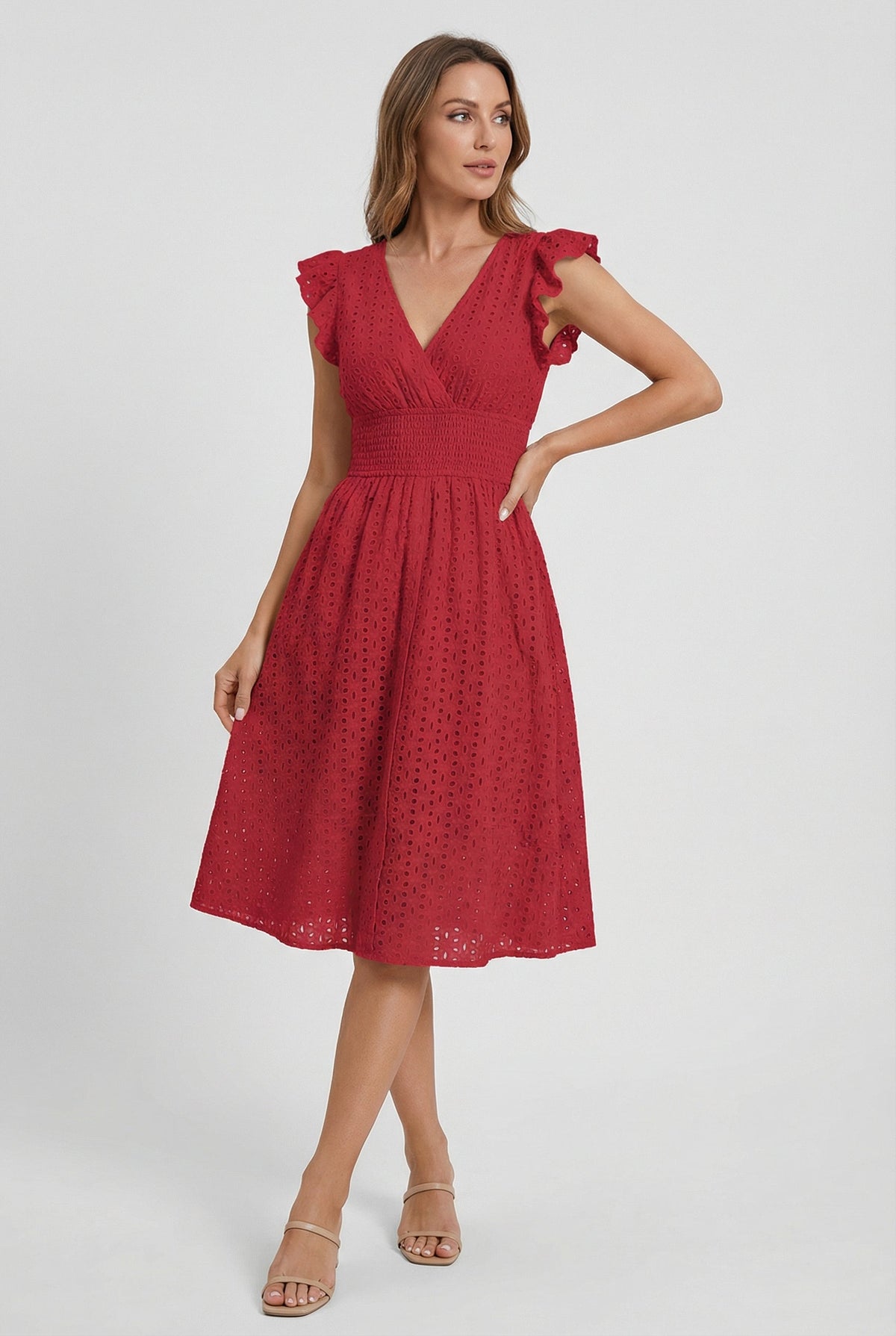 Women's Openwork Trapeze Midi Dress with Smocked Waist — product view