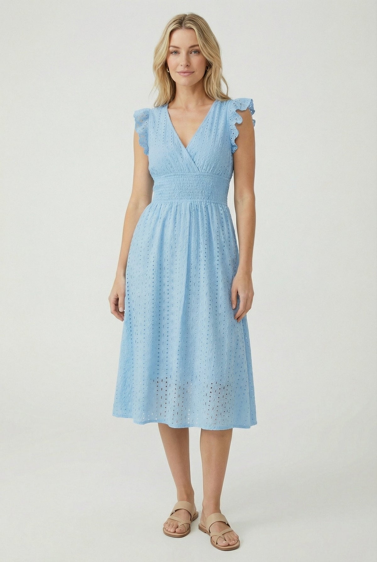 Women's Openwork Trapeze Midi Dress with Smocked Waist — Blue