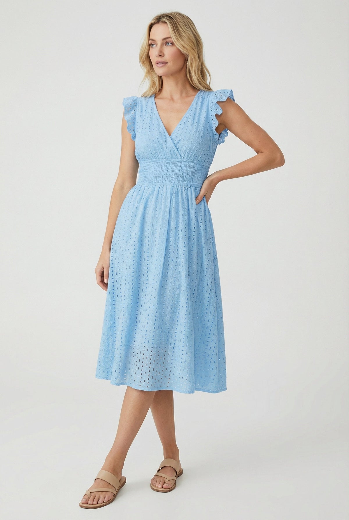 Women's Openwork Trapeze Midi Dress with Smocked Waist — product view