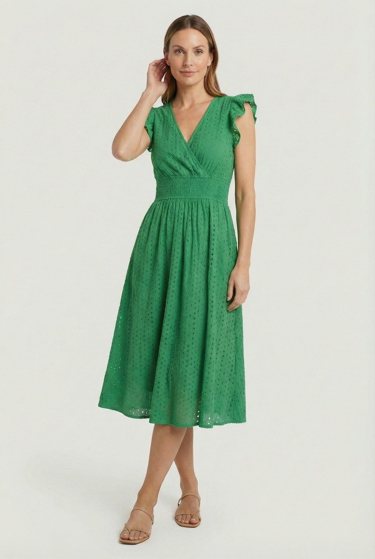 Women's Openwork Trapeze Midi Dress with Smocked Waist — Green