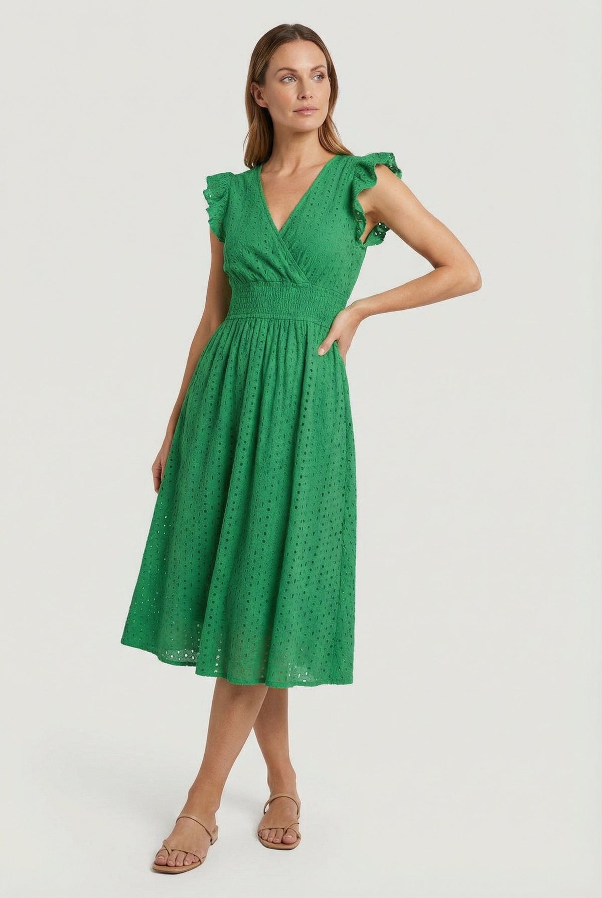 Women's Openwork Trapeze Midi Dress with Smocked Waist — product view