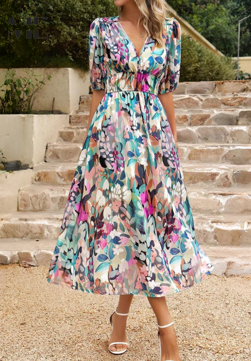 Printed dress for women - flared mid-length model with elastic waist — product view