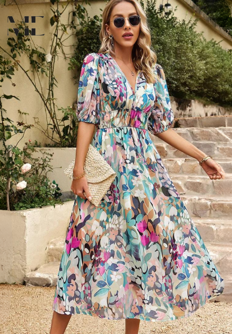 Printed dress for women - flared mid-length model with elastic waist — product view