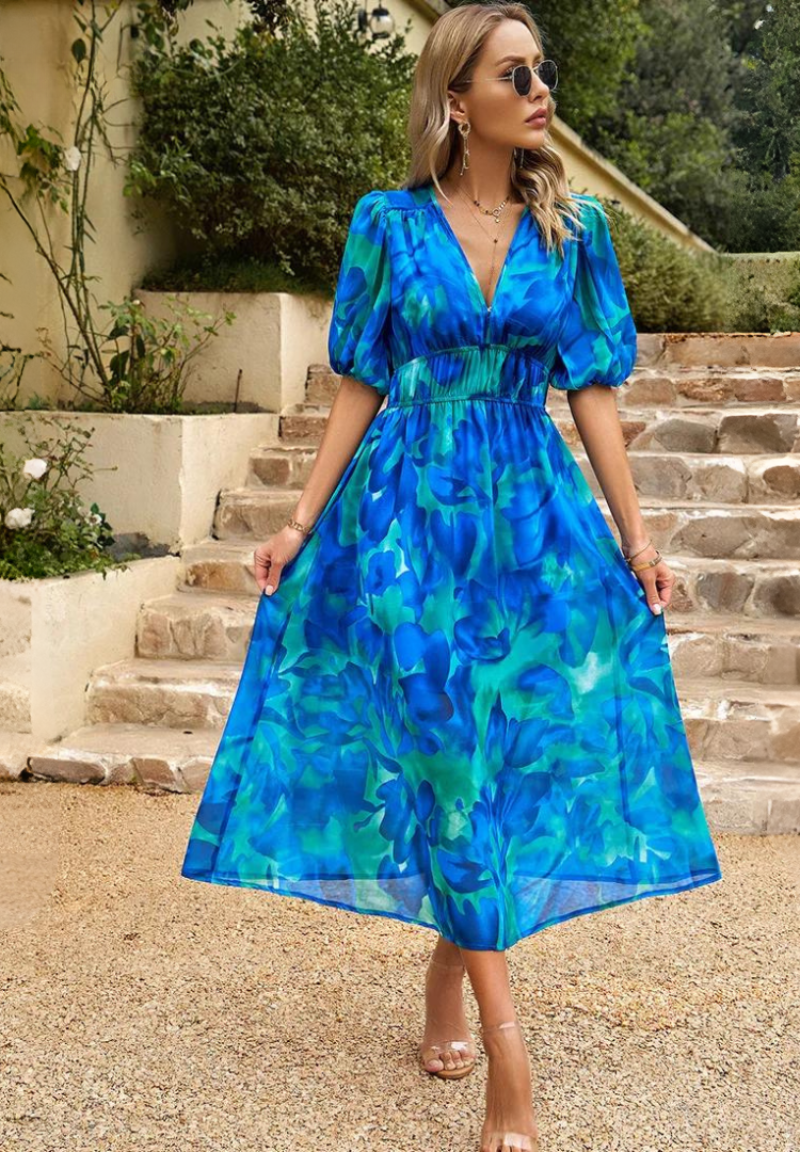 Printed dress for women - flared mid-length model with elastic waist — product view