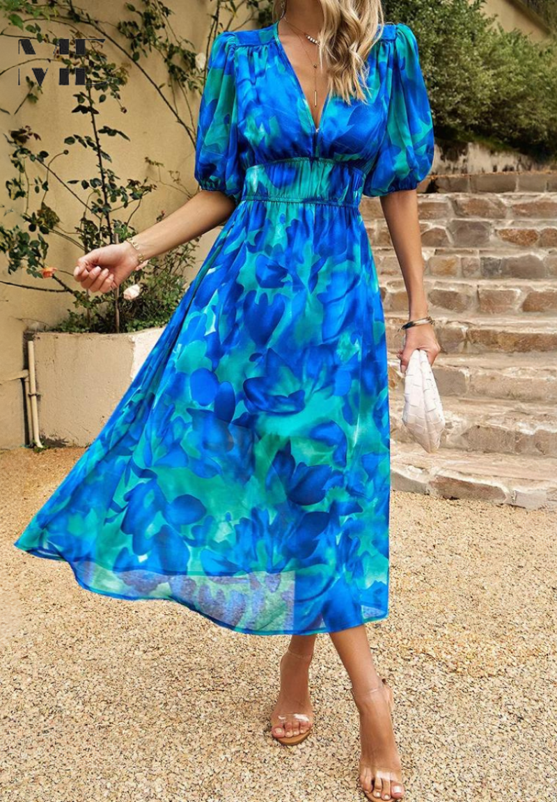 Printed dress for women - flared mid-length model with elastic waist — product view