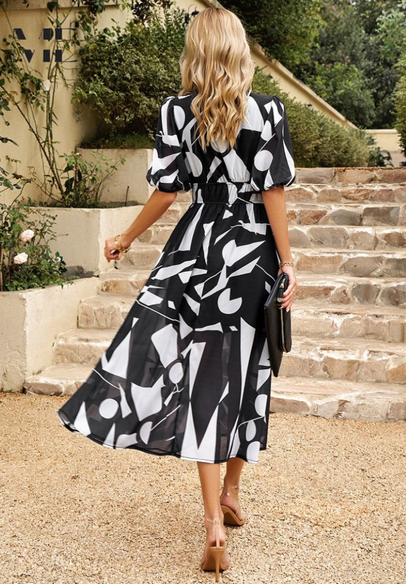 Printed dress for women - flared mid-length model with elastic waist — product view