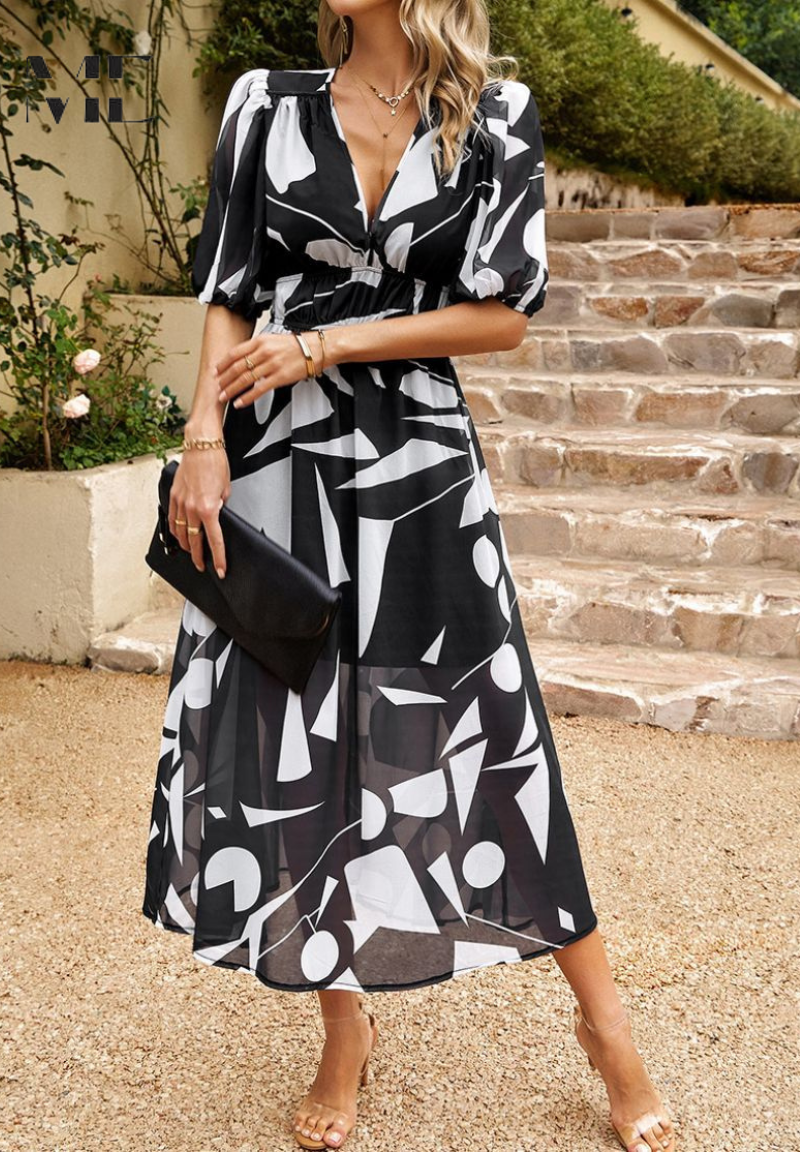 Printed dress for women - flared mid-length model with elastic waist — product view