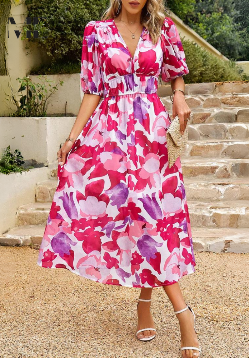 Printed dress for women - flared mid-length model with elastic waist — product view