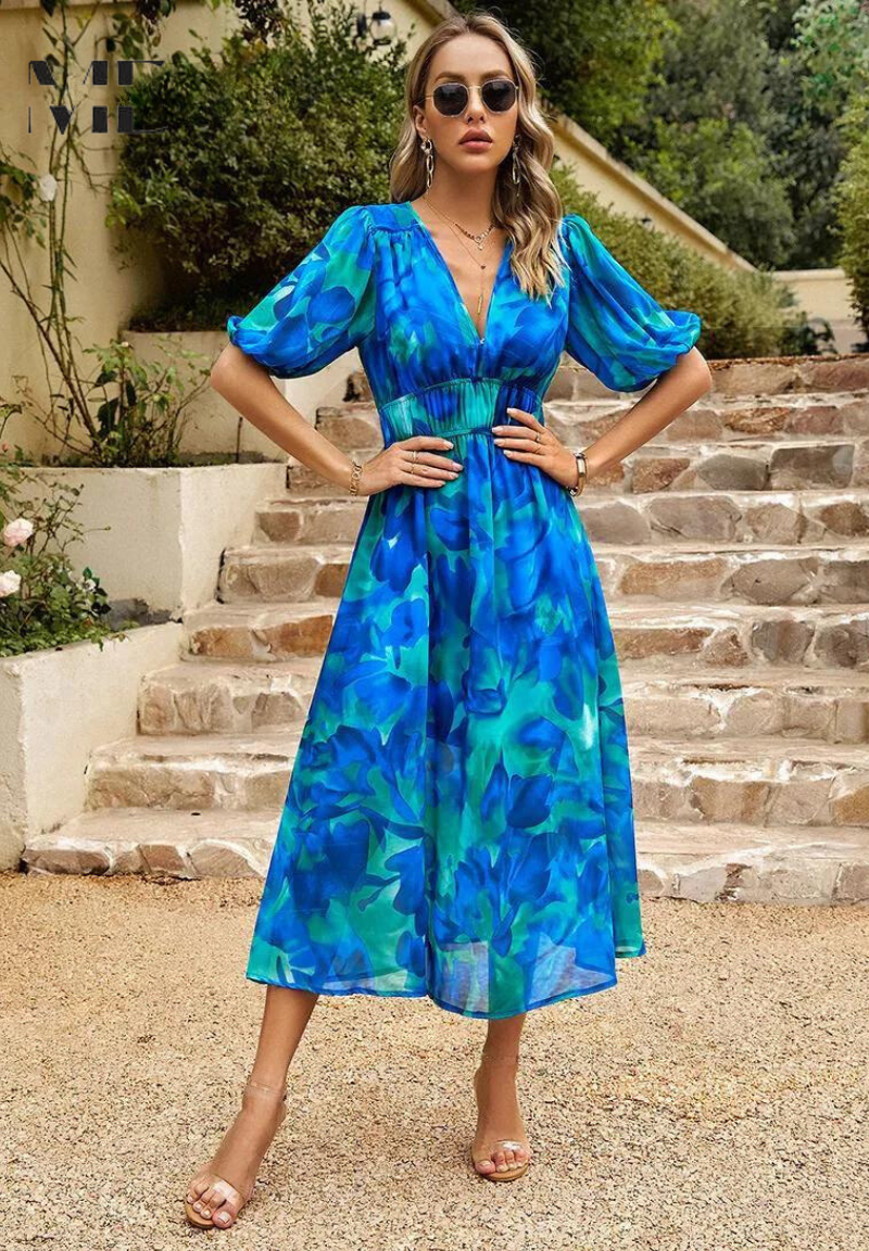 Printed dress for women - flared mid-length model with elastic waist — Blue/Green