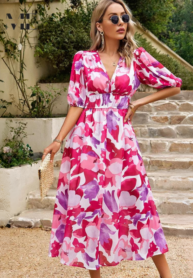 Printed dress for women - flared mid-length model with elastic waist — Pink/White