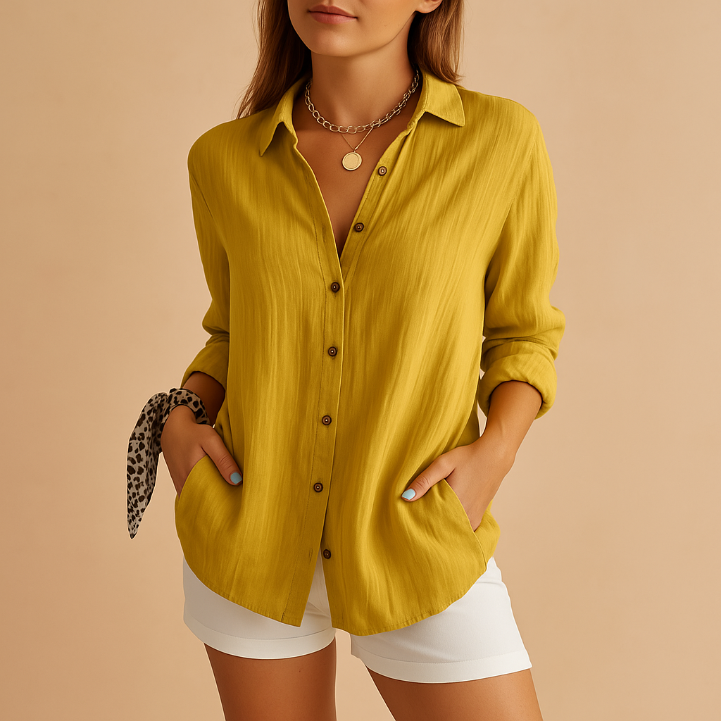 Buttoned tunic for women - casual model with pockets - work — Yellow