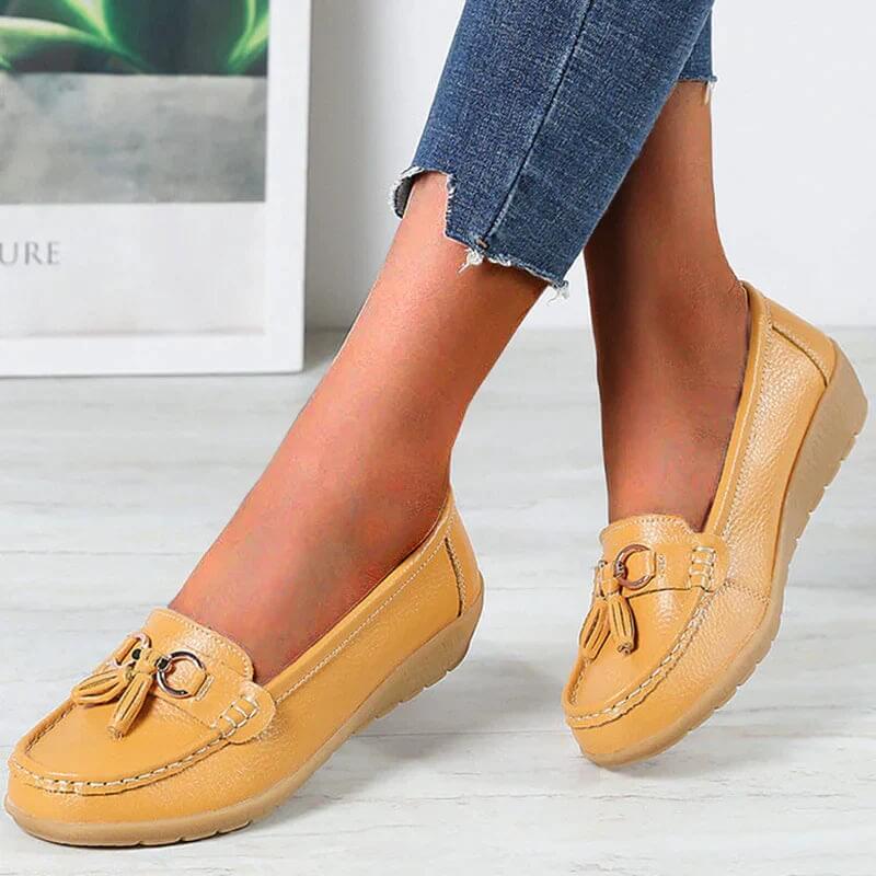 Women's moccasin shoes - city shoes with buckles - casual — Yellow