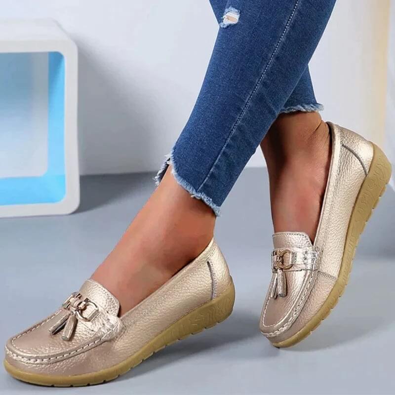 Women's moccasin shoes - city shoes with buckles - casual — Gold