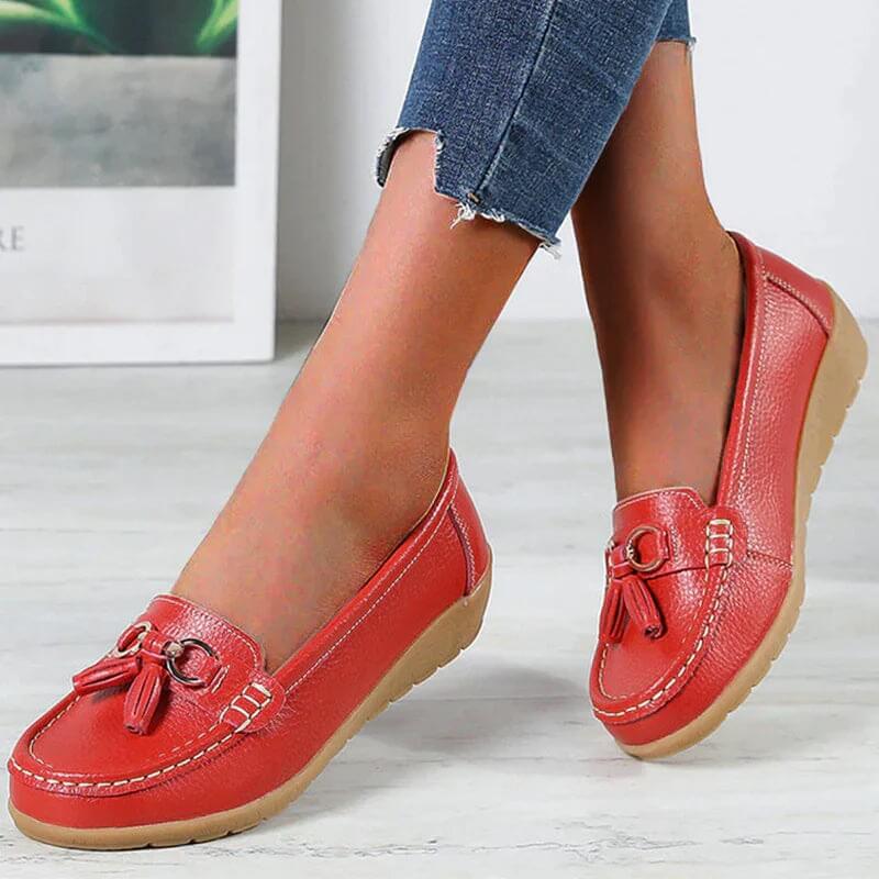 Women's moccasin shoes - city shoes with buckles - casual — Red