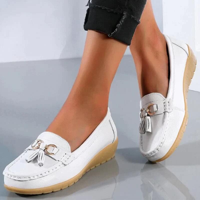 Women's moccasin shoes - city shoes with buckles - casual — White