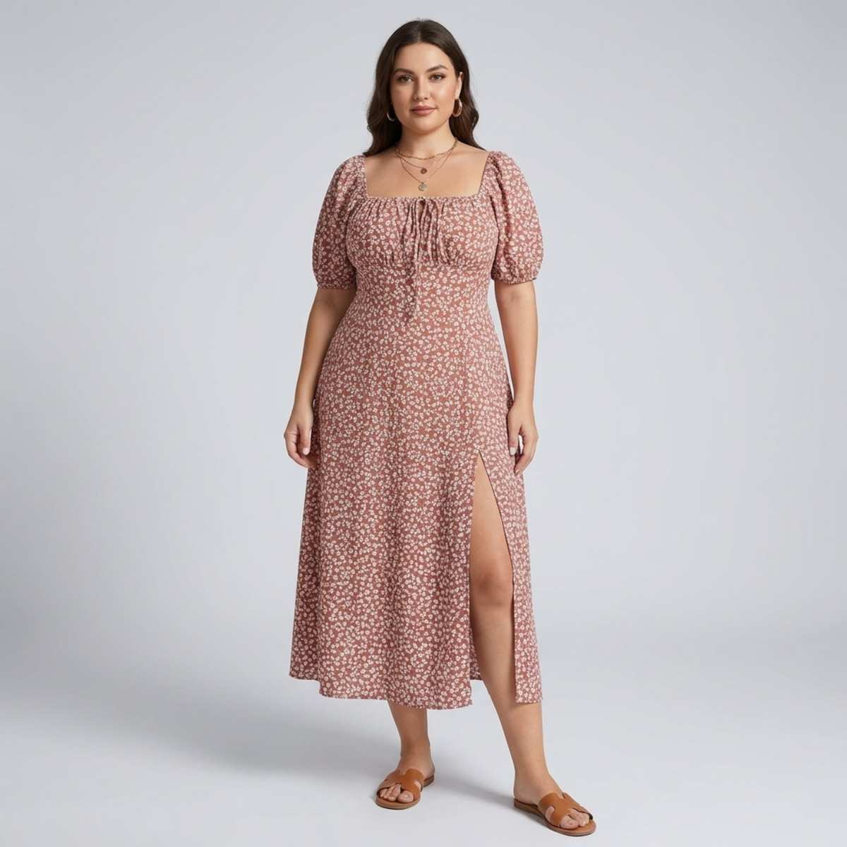 Plus size long dress with puff sleeves and print — Brown