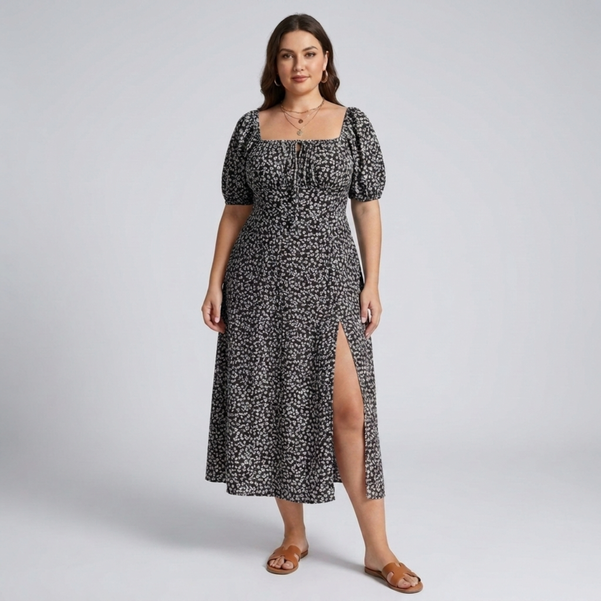 Plus size long dress with puff sleeves and print — Black