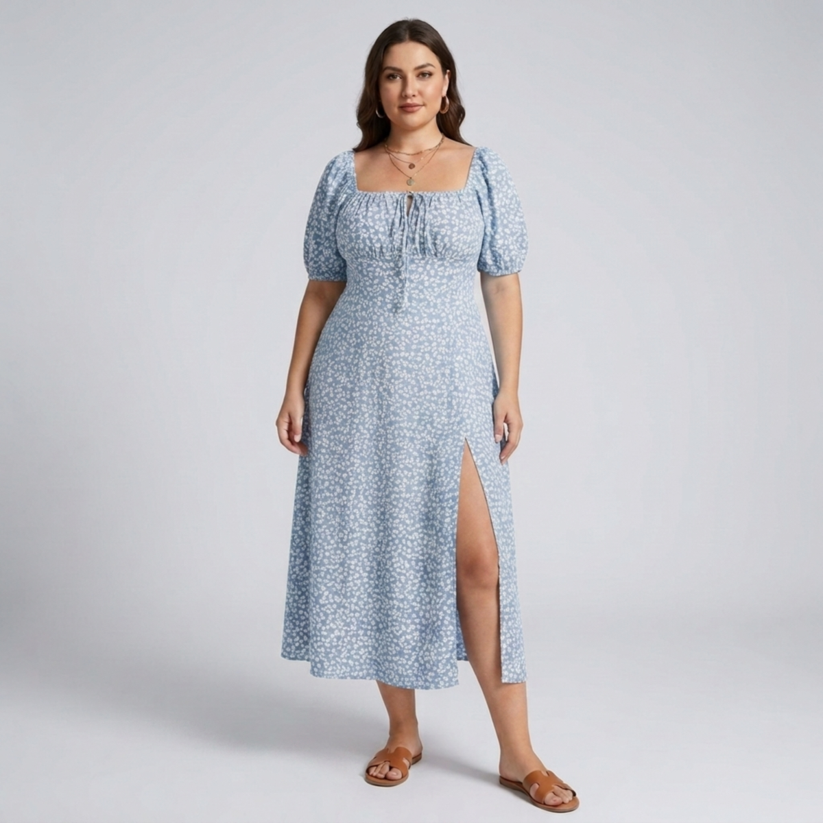 Plus size long dress with puff sleeves and print — Sky Blue