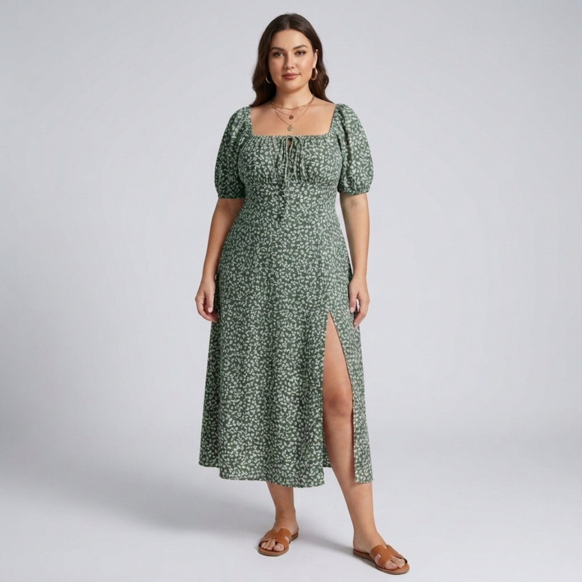 Plus size long dress with puff sleeves and print — Green