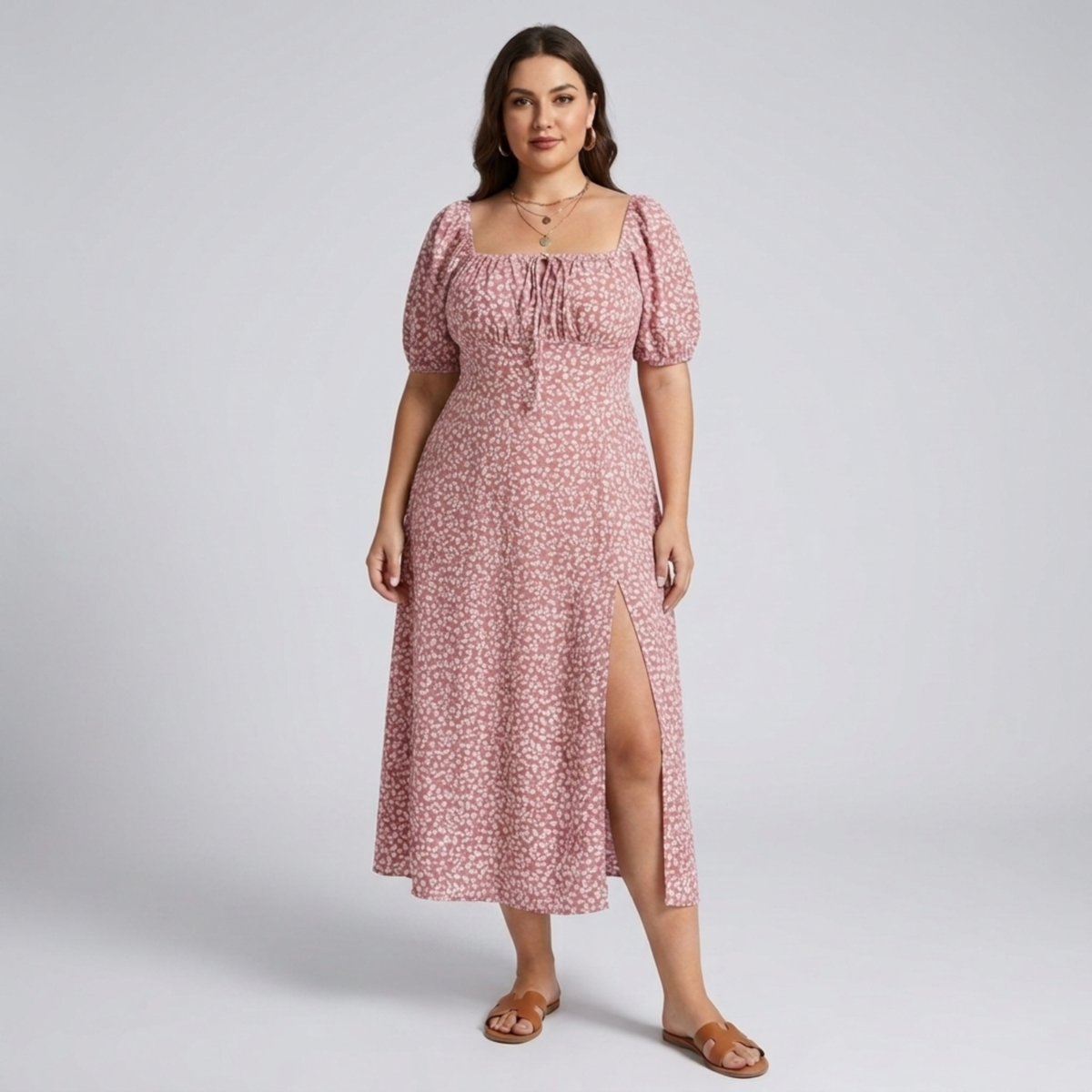 Plus size long dress with puff sleeves and print — Pink