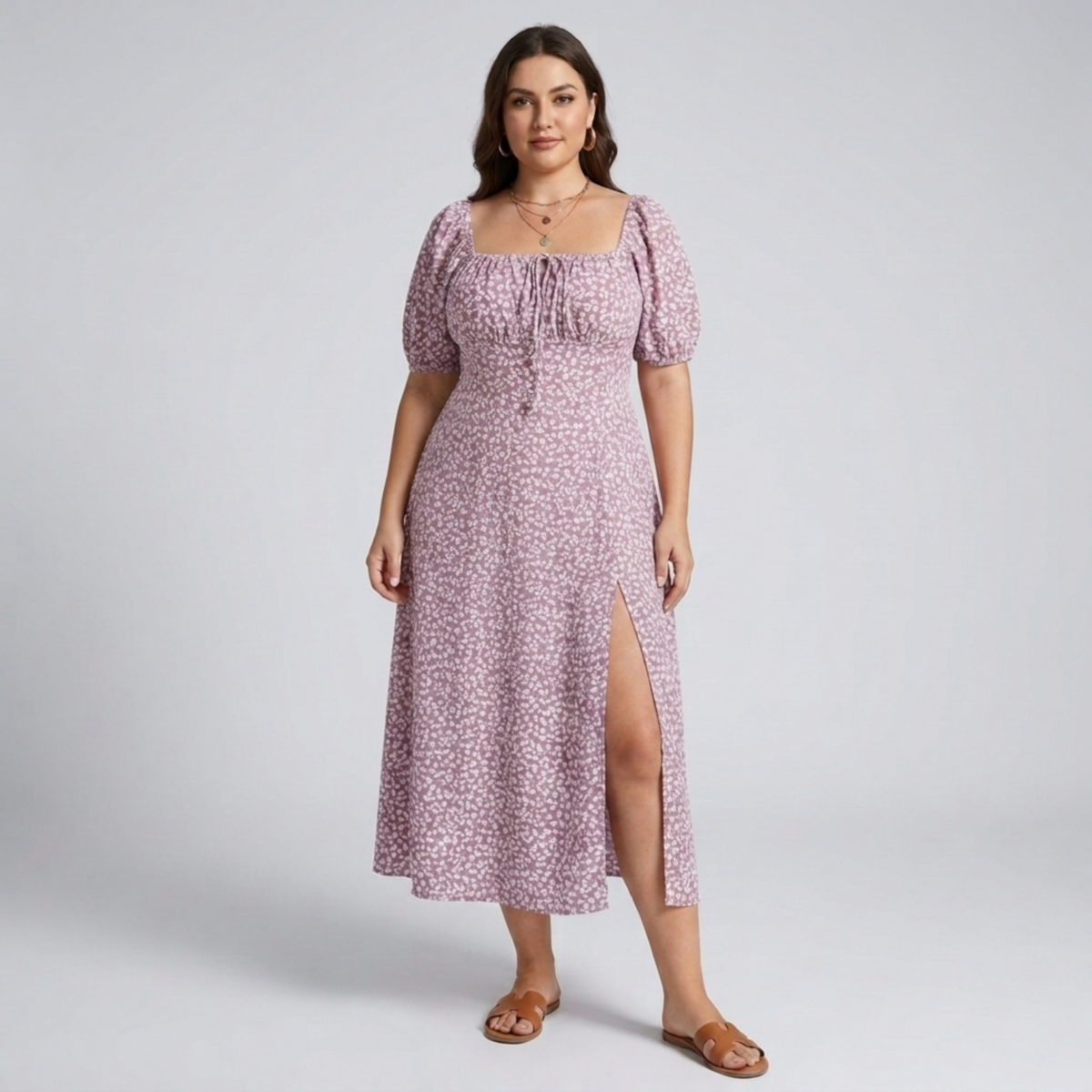 Plus size long dress with puff sleeves and print — Purple