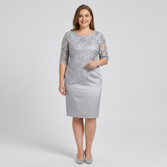 Plus size midi dress for women with lace embroidery — Grey