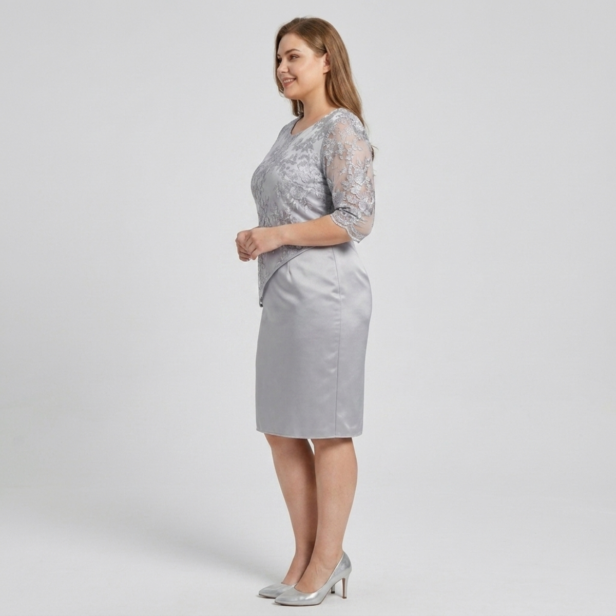 Plus size midi dress for women with lace embroidery — product view